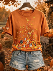Damen niedliche Hunde und Katzen Herbst Kunstdruck Kurzarm-T-Shirt