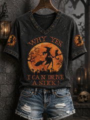 Frauen-Funny-Halloween-T-Shirt mit dem Spruch „Warum ja, tatsächlich kann ich Schaltwagen fahren“ und Hexen-Print, lässiges V-Ausschnitt‑T‑Shirt