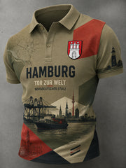 Herren-Poloshirt mit kurzen Ärmeln und Vintage-Print im Stil eines Städte-Souvenirs