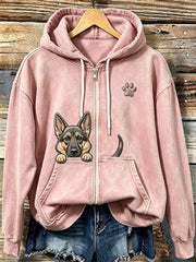 Frauen-Kapuzenpullover mit niedlichem, hervorlugendem Deutschen Schäferhund und Pfotenabdruck, kuschelig und mit Reißverschluss