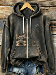 Frauen-Kapuzenpullover mit niedlichem, hervorlugendem Deutschen Schäferhund und Pfotenabdruck, kuschelig und mit Reißverschluss
