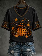 Damen-Herbst-T-Shirt mit Halloween-Kürbis-Print und kurzen Ärmeln
