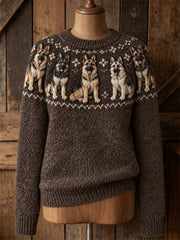 Damen-Vintage-Pullover mit Rundhalsausschnitt, bedruckt mit einem Yoke-Isle-Muster von Deutschen Schäferhunden