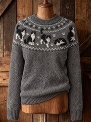 Damenpullover mit niedlichem Katzenmotiv, lässig, langärmlig