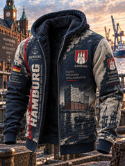 Herrenjacke mit langen Ärmeln und Kapuze, versehen mit einem urbanen Gedenkgrafik-Print