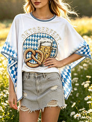 Damen Deutsches Bayerisches Diamant-Quilted Bier-Print Casual Loose-Fit T-Shirt