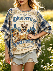 Damen Deutsch Bayerische Süße Hund Checked Patchwork Print Casual Loose-Fit T-Shirt