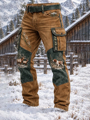 Herren-Cargohose im Vintage-Western-Look mit Jagdmotiv-Druck, lässig geschnitten