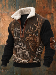 Herren-Jacke im Vintage-Western-Stil mit Jagdmotiv, lässig, Stehkragen und Kragen aus Kunstfell