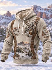 Herren-Vintage-Western-Jagdmotiv-Druck Freizeit-Waffelstrick-Kapuzenpullover