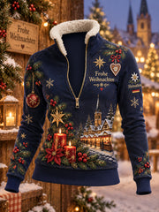 Damen-Sweatshirt mit Weihnachtsmotiv, hohem Kragen und langen Ärmeln
