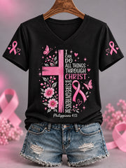 Frauen rosa Band Kreuz Glaubens druck Brustkrebs Sensi bilisierung Unterstützung V-Ausschnitt T-Shirt