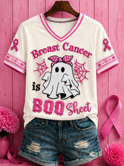 Frauen Halloween Brustkrebs Rosa Blumen Bedrucktes T-Shirt mit V-Ausschnitt