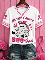 Frauen Halloween Brustkrebs Rosa Blumen Bedrucktes T-Shirt mit V-Ausschnitt