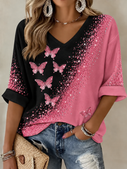 Damen-T-Shirt mit Brustkrebsmotiv, mittellange Ärmel und V-Ausschnitt