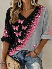 Damen-T-Shirt mit Brustkrebsmotiv, mittellange Ärmel und V-Ausschnitt
