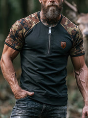 Herren-Retro-Camouflage-T-Shirt mit Farbblock-Design, halber Reißverschluss und Rundhalsausschnitt, kurze Ärmel