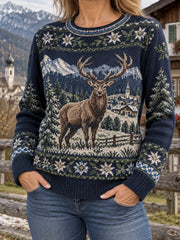 Langärmeliger Damenpullover mit ländlichem Landschaftsmotiv