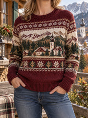Langärmeliger Damenpullover mit ländlichem Landschaftsmotiv