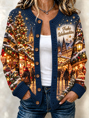 Damen-Strickjacke im Weihnachtsmarkt-Print, cardiganartig geschnitten