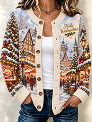 Damen-Strickjacke im Weihnachtsmarkt-Print, cardiganartig geschnitten