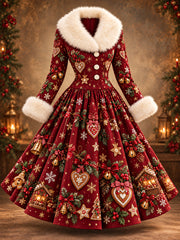 Langes Damenkleid mit Weihnachtsmotiv-Print und Pelzkragen
