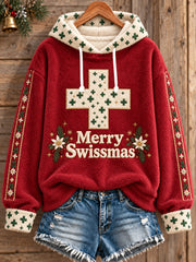 Damen-Kapuzenpullover aus Flanell mit weihnachtlichem Schweiz-Motiv