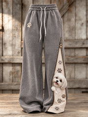 Frauen Peeking Malteser Hund & Pfote Drucke Reiß verschluss Kontrast druck Weitbein Jogging hose