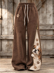 Damen Peeking Bulldog & Pfote Drucke Reiß verschluss Kontrast druck Weitbein Jogging hose