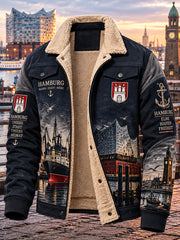 Herrenjacke im Vintage-Stil mit urbanem Motiv und Fleece-Futter