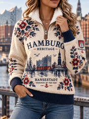 Damen-Sweatshirt mit Fleece-Innenfutter, hohem Kragen und Vintage-Prints im Stil städtischer Souvenirs